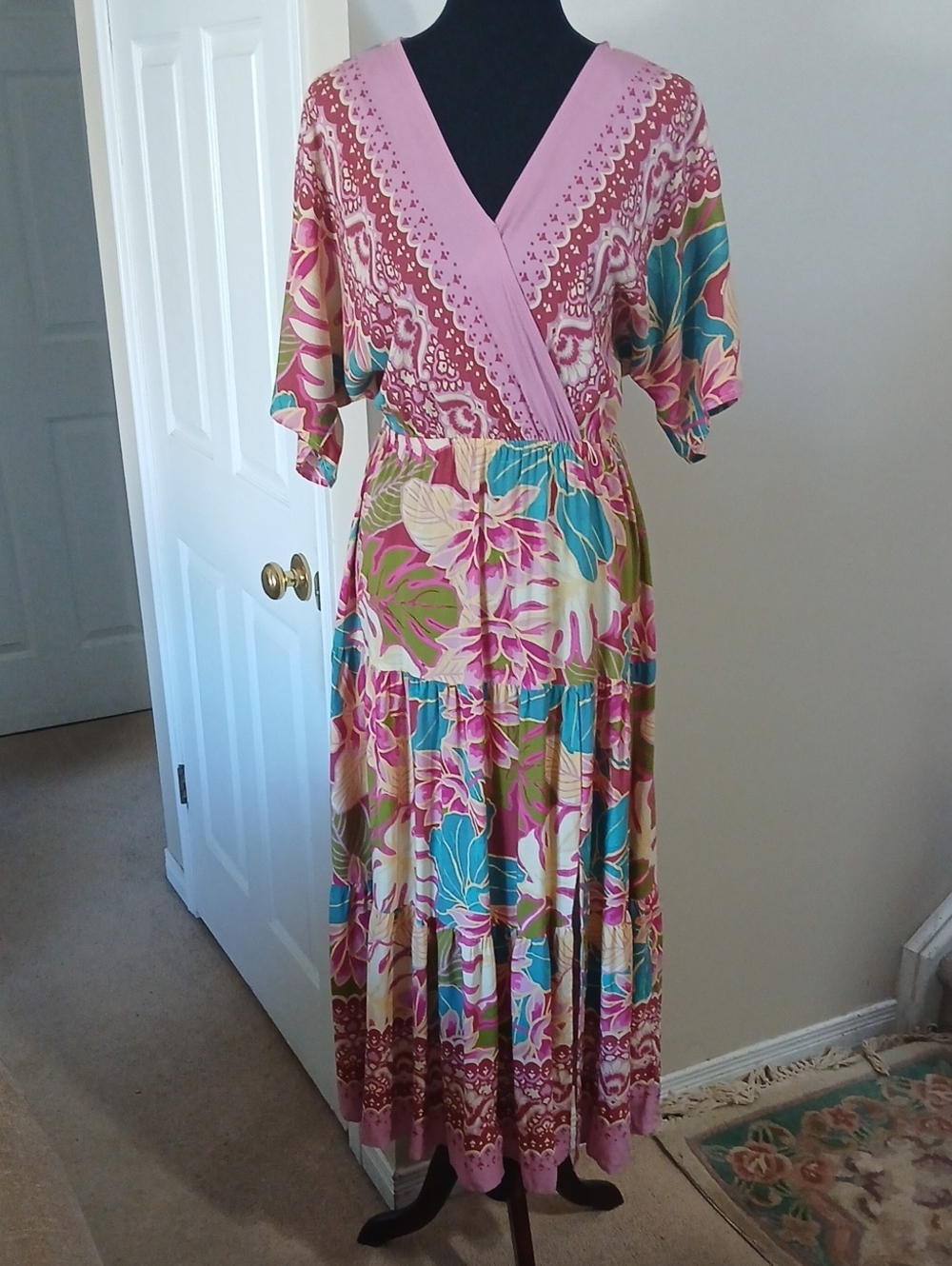 Boho Pink Floral Wrap Maxi Dress with Turquoise Accents